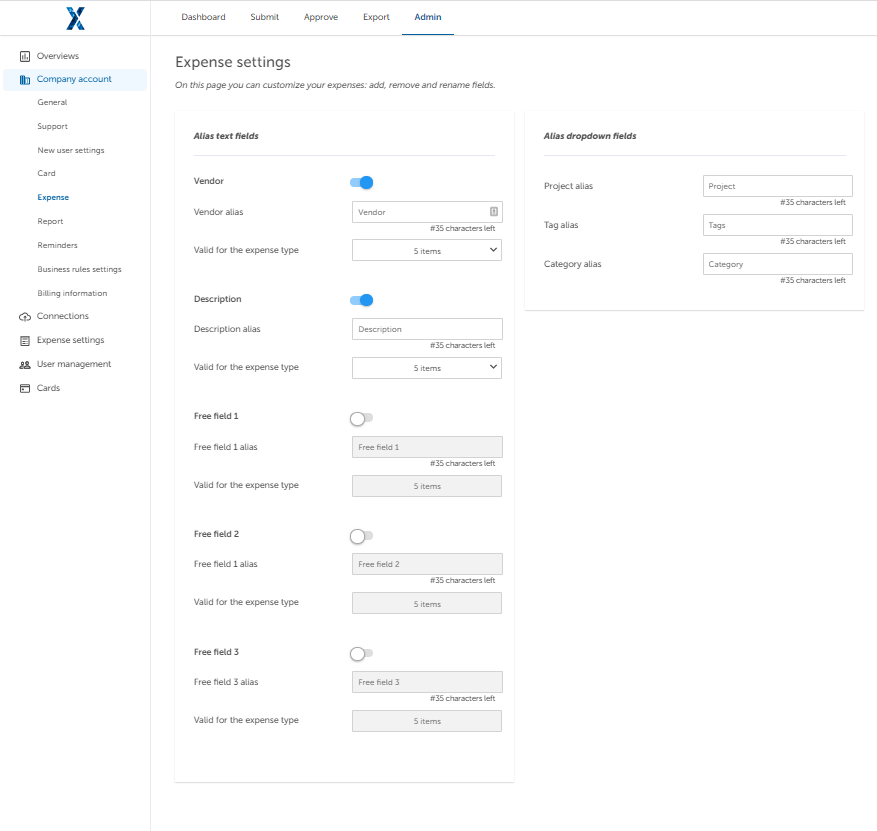 How do I set up an Alias for the Expense fields?