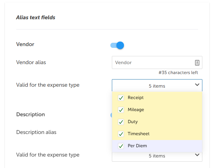 How do I set up an Alias for the Expense fields?